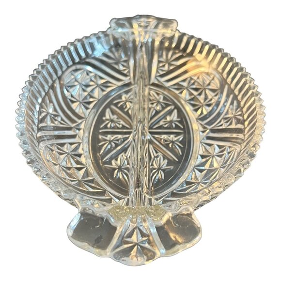 Clear Cut Glass Divided Relish Dish With Handles For Candy, Nuts Serving - Picture 5 of 6
